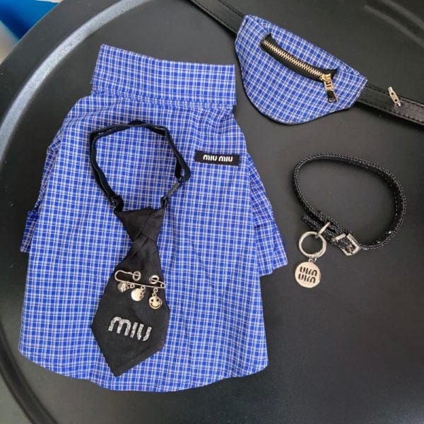 Mui Mui Elegant Checkered Pattern Dog Shirt with Tie - Image 5