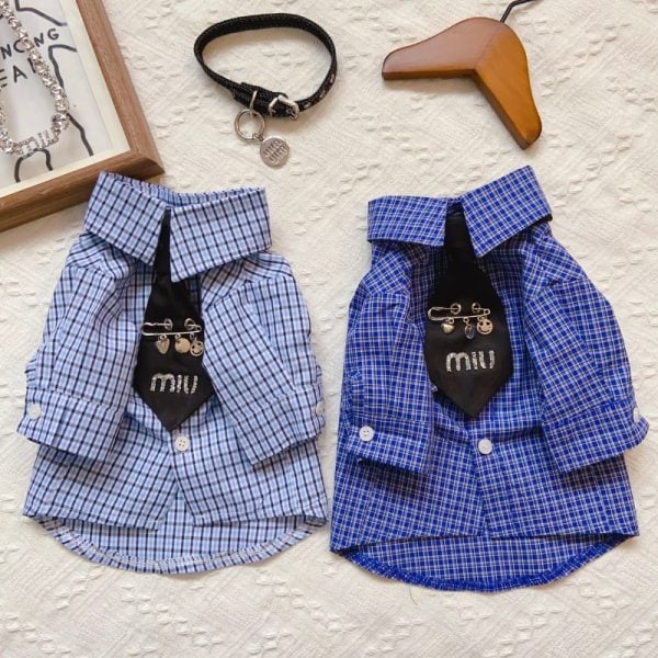 Mui Mui Elegant Checkered Pattern Dog Shirt with Tie