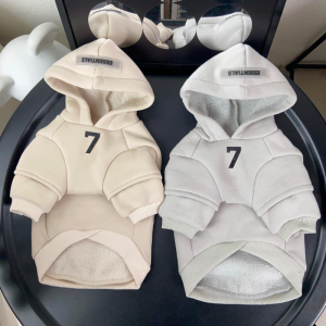 front view of beige and gray pet hoodies
