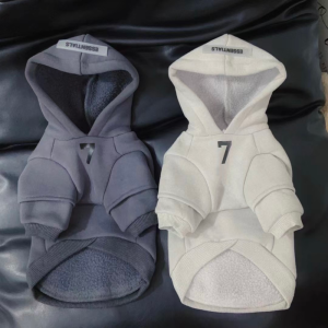 beige and dark gray fleece pet hoodie front view