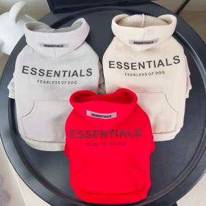 back view of beige and gray and red pet hoodies