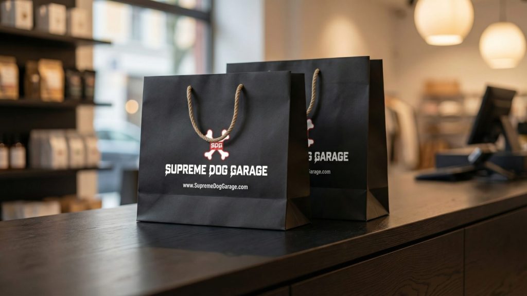 Branded dog boutique packaging for wholesale retail partners by Supreme Dog Garage