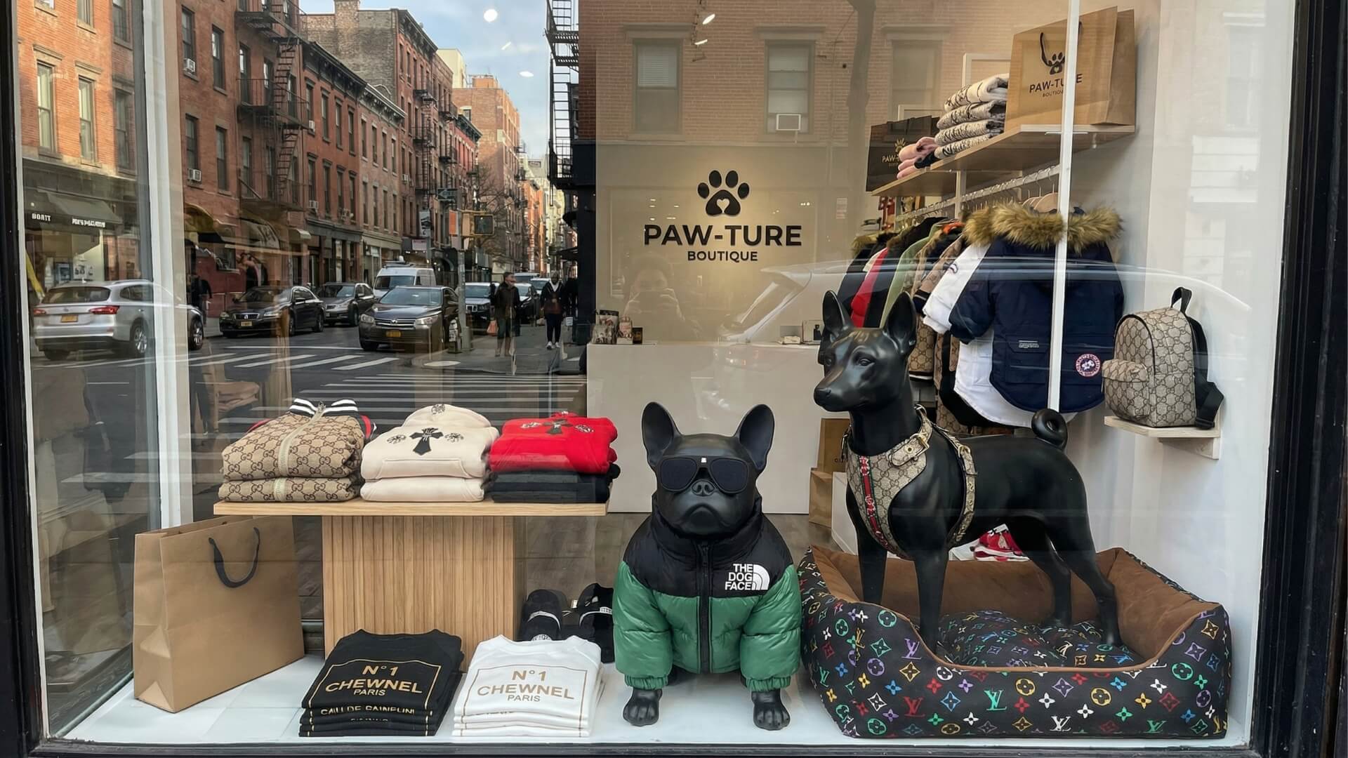 Premium dog boutique wholesale showroom featuring apparel and accessories by Supreme Dog Garage