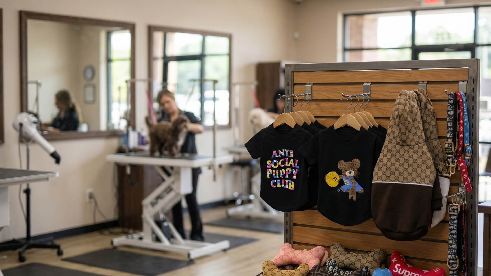 Dog grooming salon retail setup with wholesale dog apparel and accessories by Supreme Dog Garage