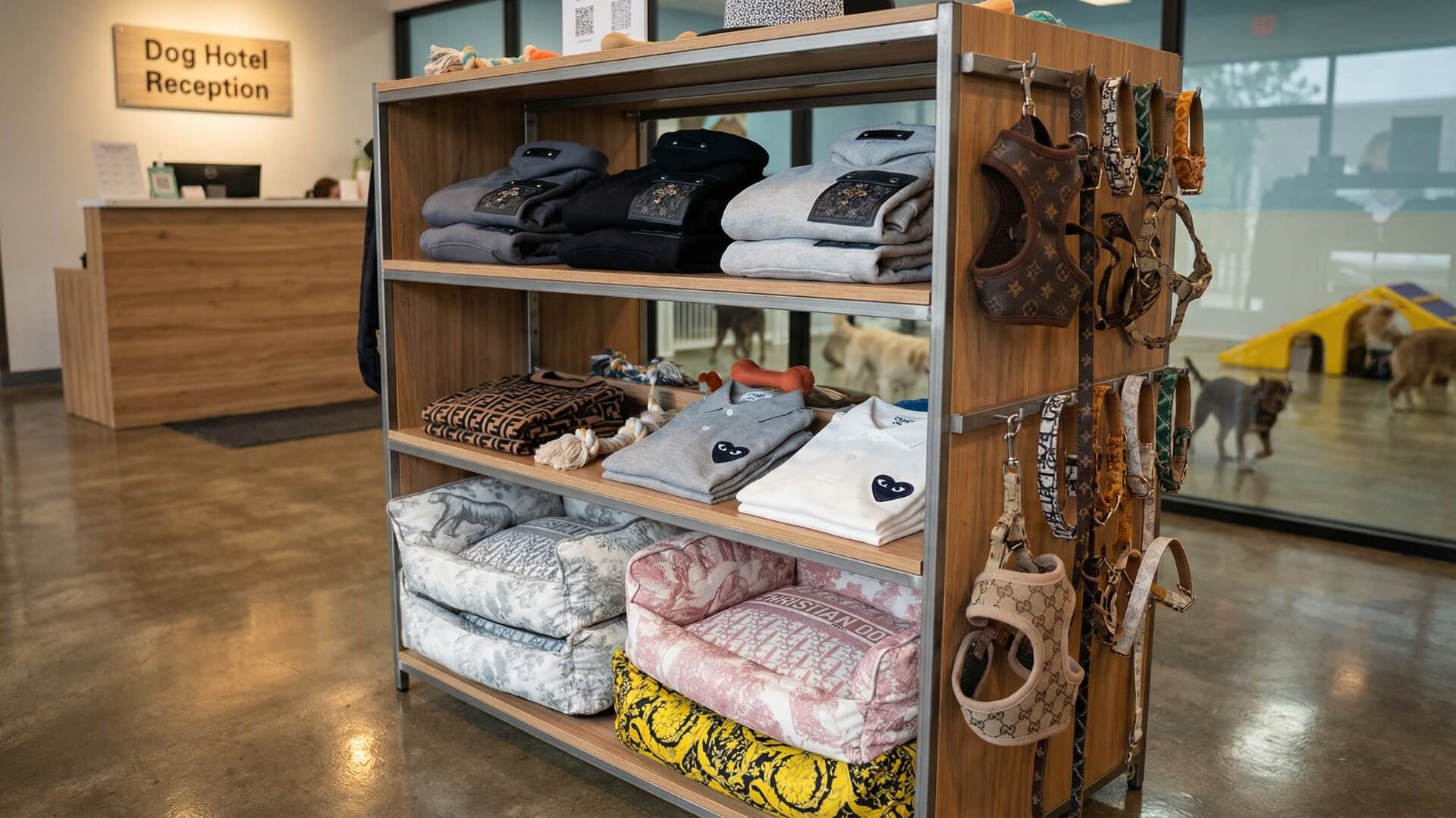 Wholesale dog apparel and luxury pet beds displayed in dog hotel shelving by Supreme Dog Garage