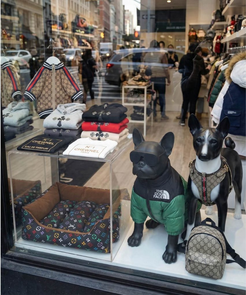 Luxury dog boutique window display featuring designer dog clothing, dog harnesses, dog beds and accessories for pet store retail merchandising