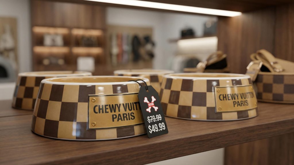 lv designer dog bowls available for wholesale boutique pet stores by Supreme Dog Garage