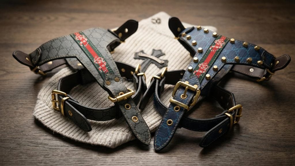 Luxury designer dog harness with luxury hardware available for wholesale distribution by Supreme Dog Garage