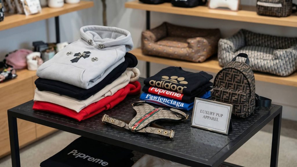 High fashion dog apparel and accessories wholesale collection displayed for boutique pet store buyers by Supreme Dog Garage