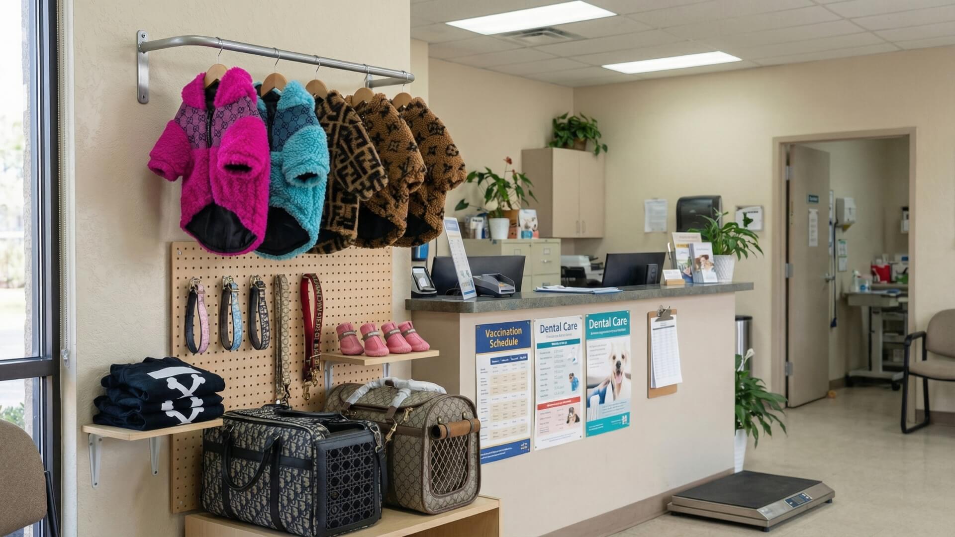 Veterinary clinic retail display featuring wholesale dog apparel and accessories by Supreme Dog Garage