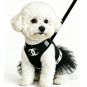 chanel dog harness dress black on dog