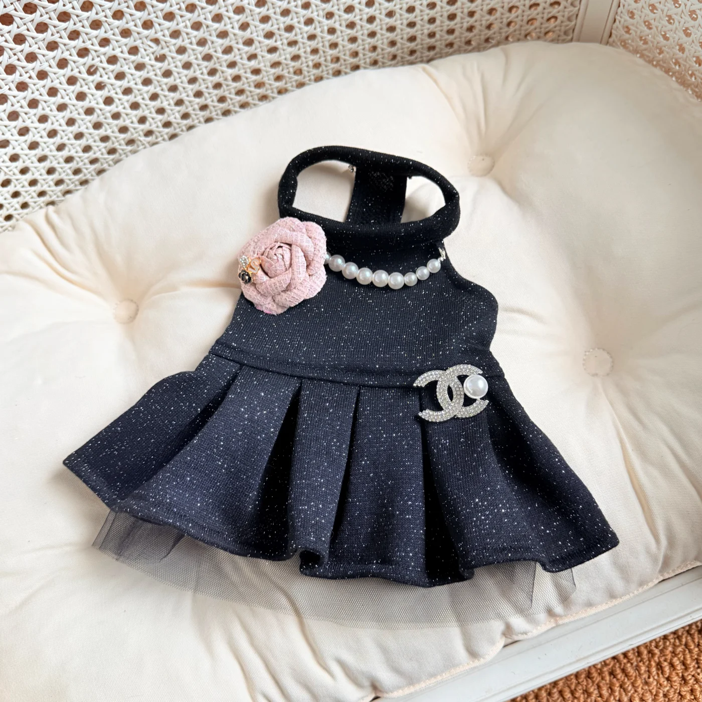 chanel dog dress black tweed front view