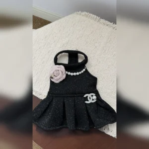 chanel dog dress black pearl camellia front