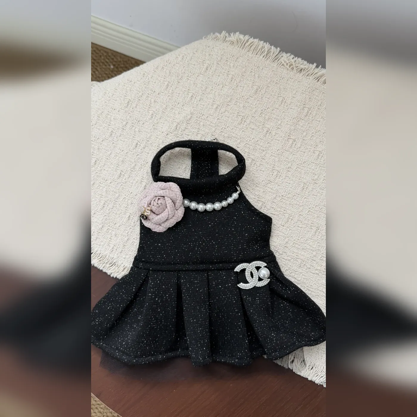 chanel dog dress black pearl camellia front