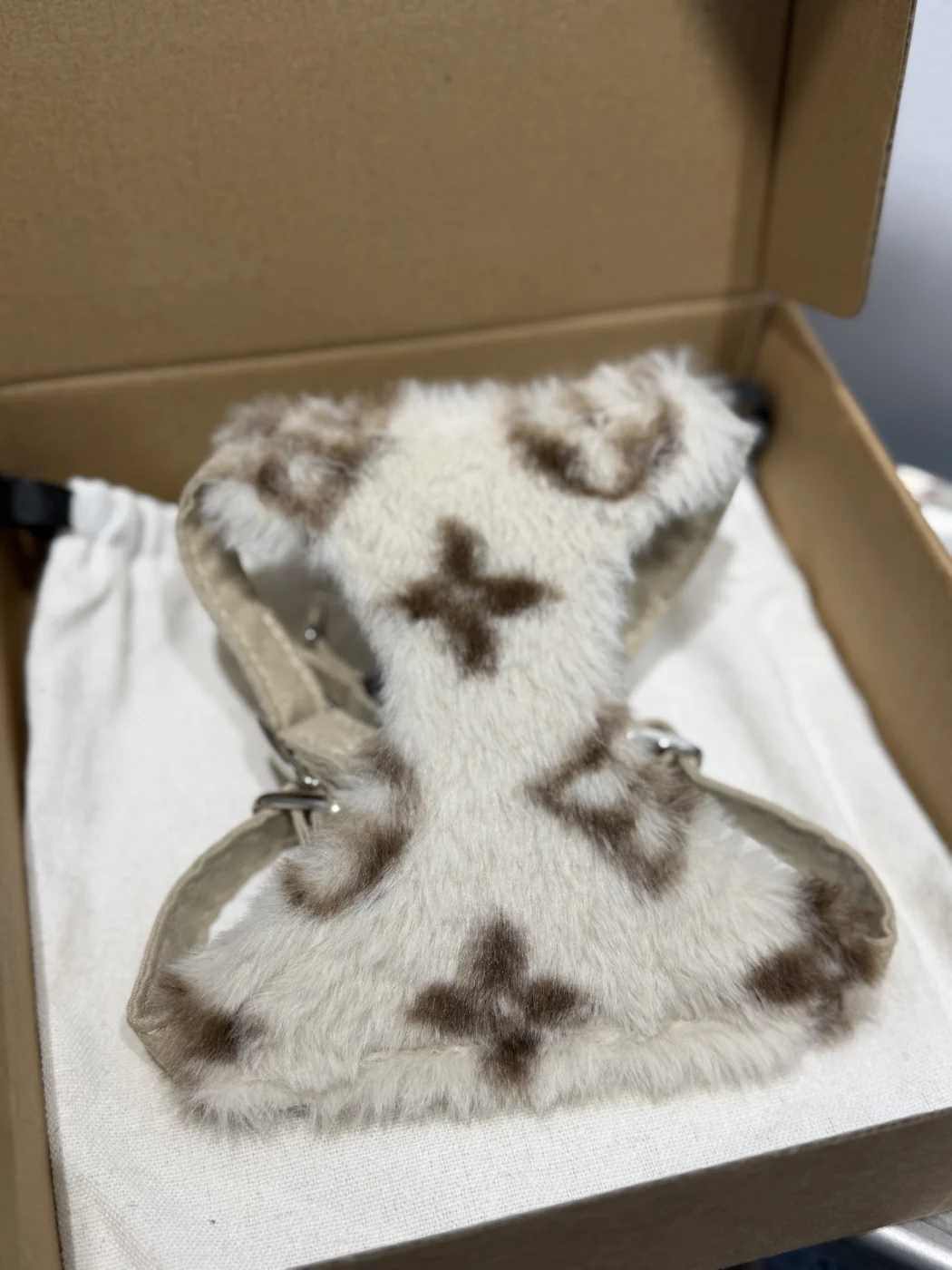 louis vuitton plush dog harness cream white