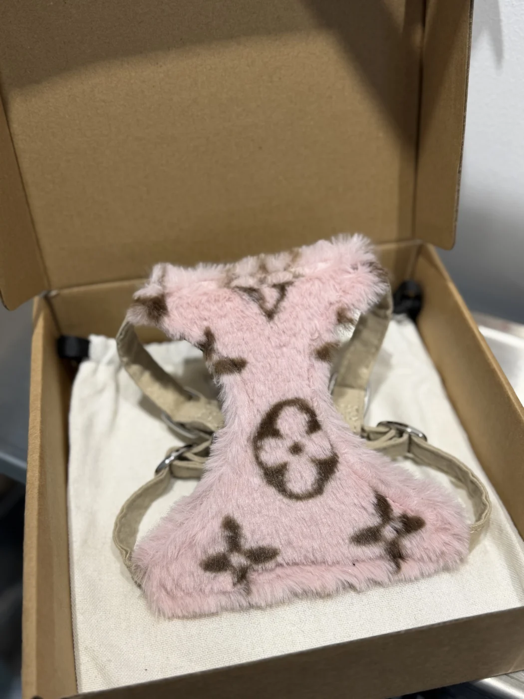 louis vuitton plush dog harness pink view