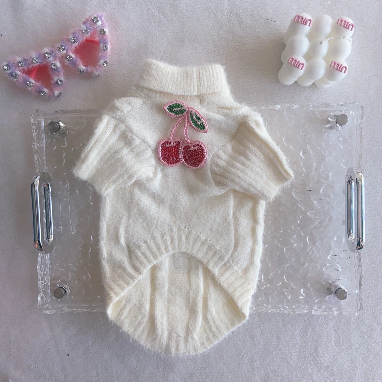 miu miu dog sweater cream white front view