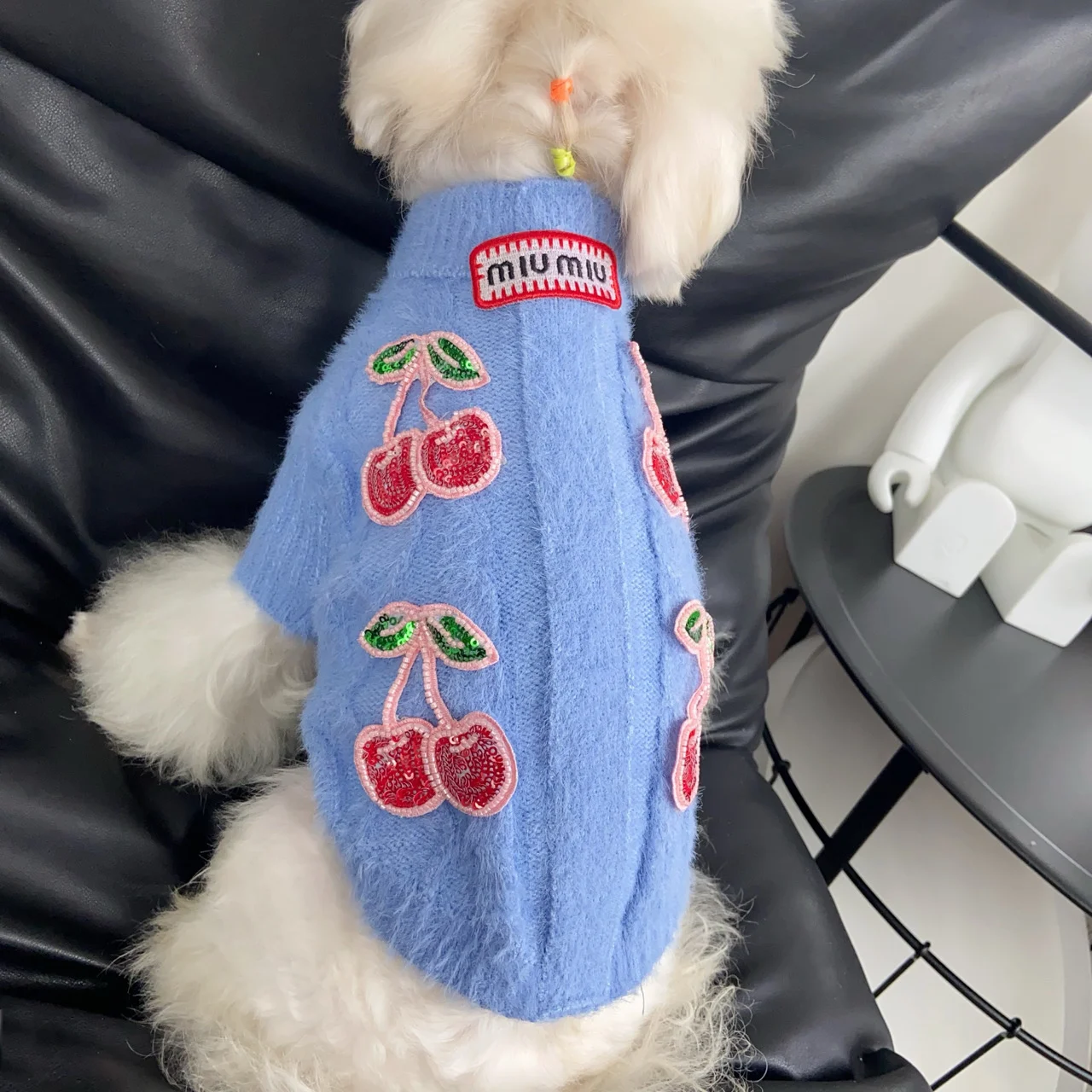 miu miu dog sweater blue on dog