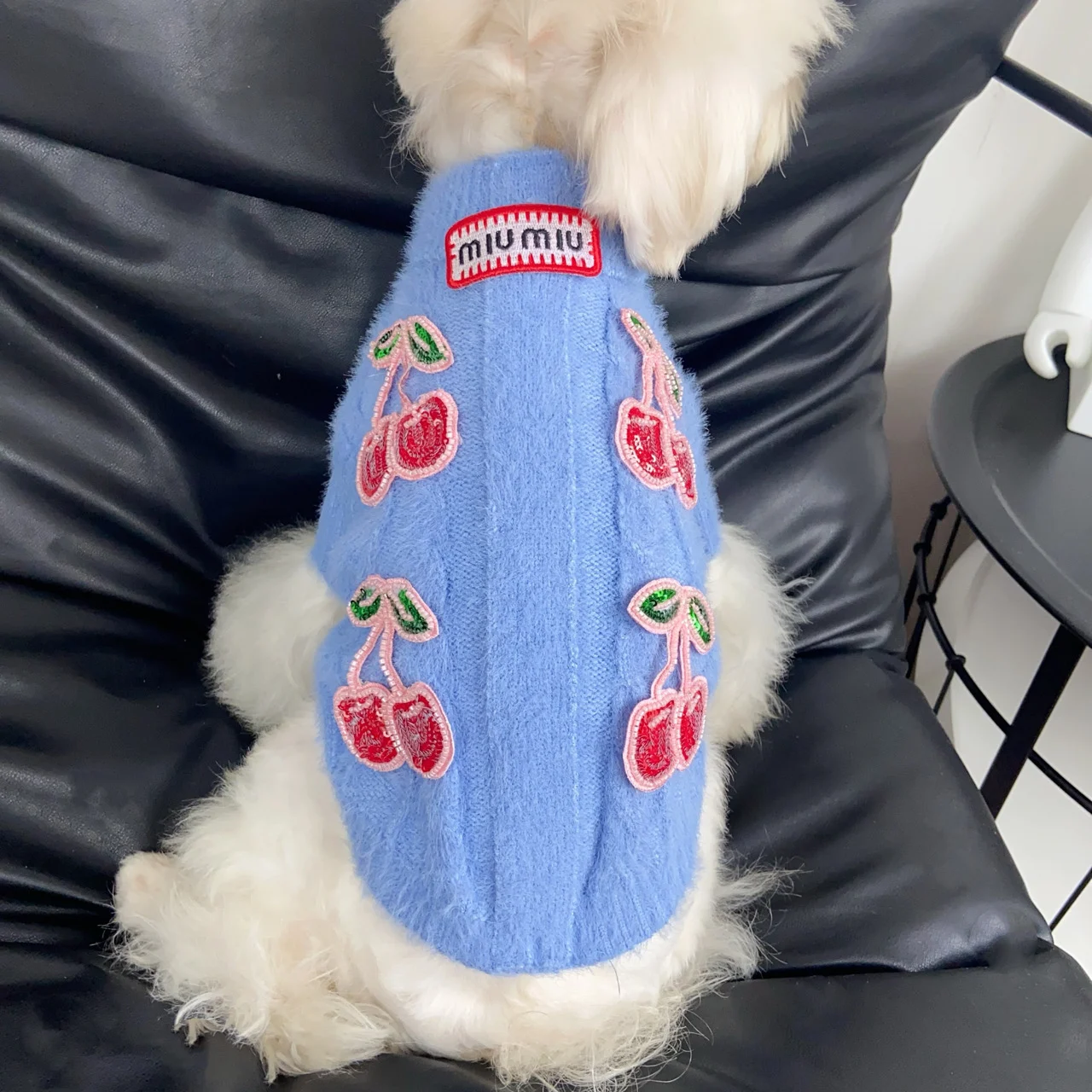 miu miu cherry dog sweater blue side