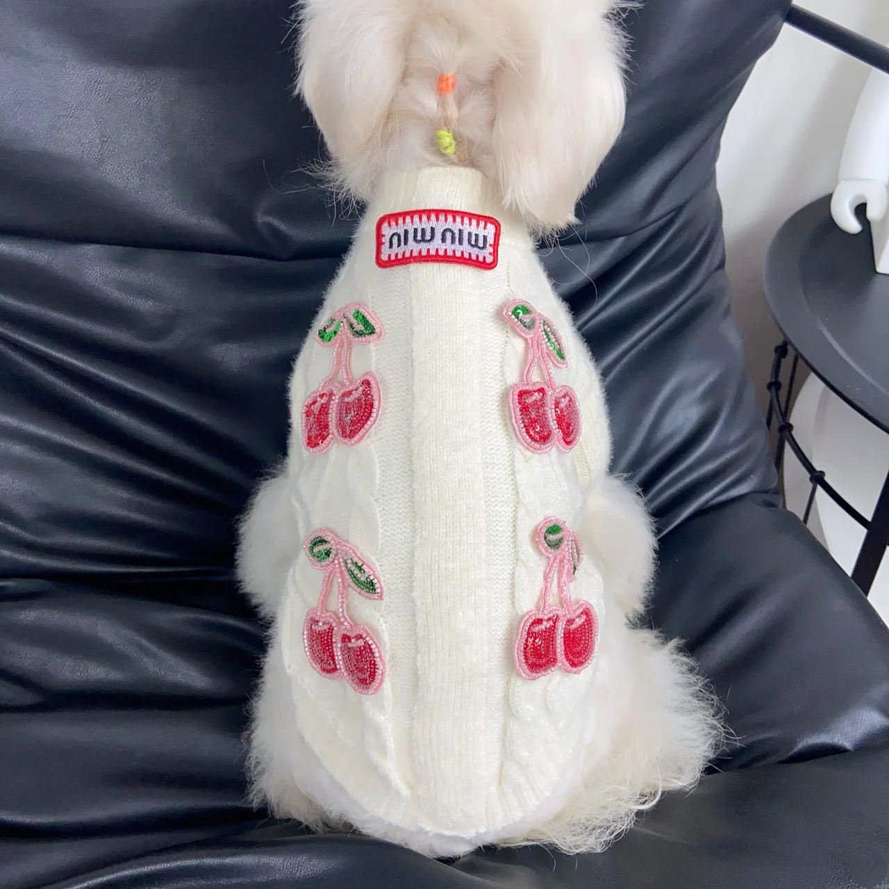 miu miu cherry dog sweater cream white side