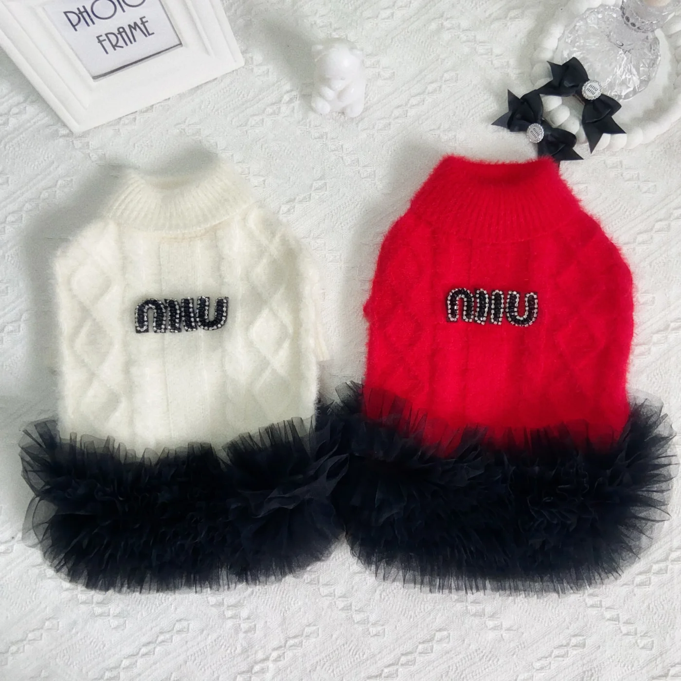 miu miu dog sweater dress rhinestone logo