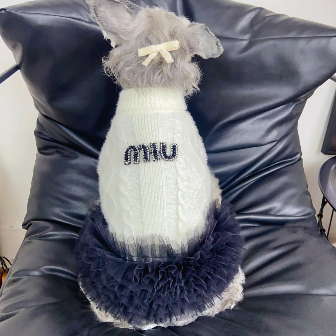 miu miu dog sweater dress white on dog