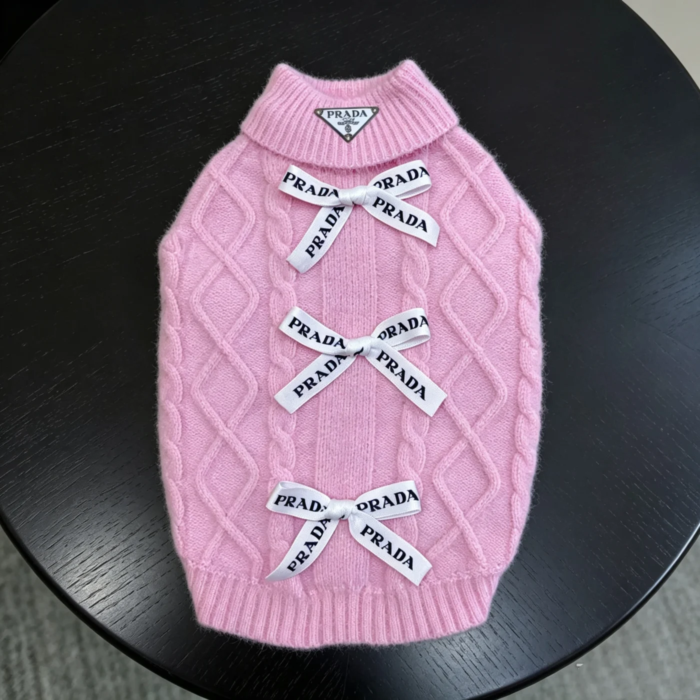 prada dog sweater pink back bows