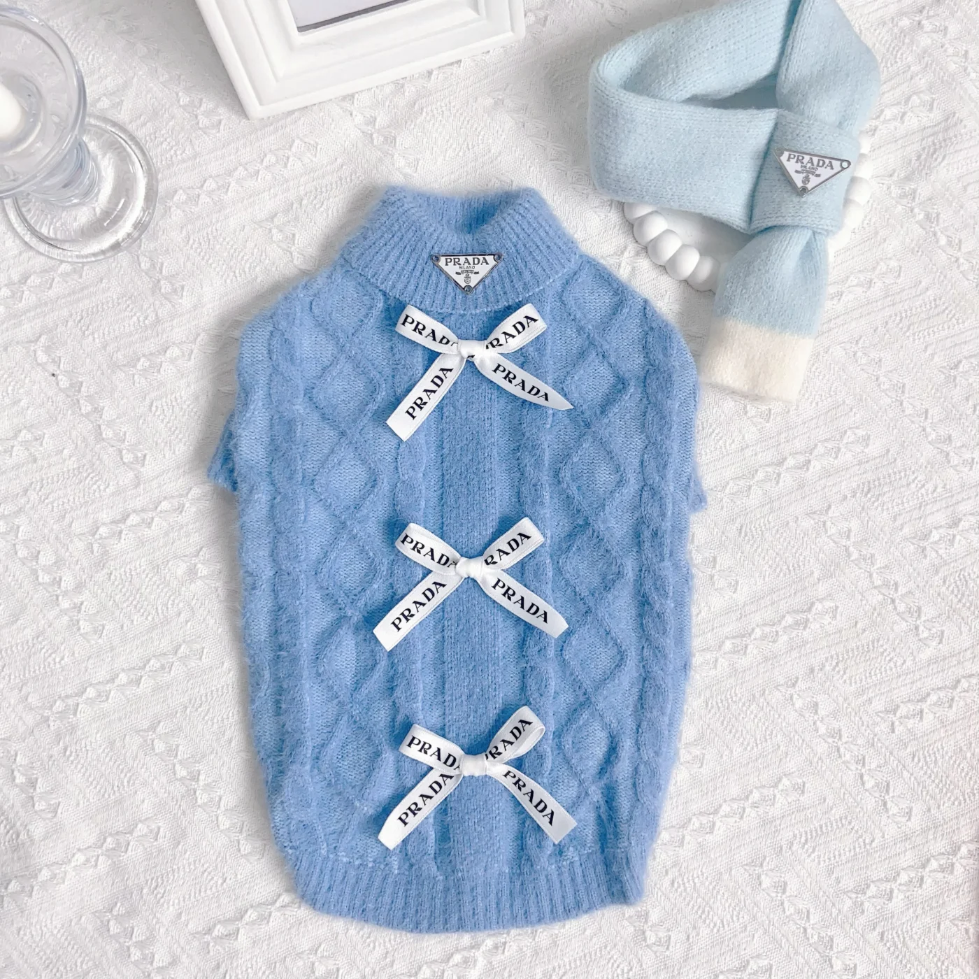 prada dog sweater blue back bows