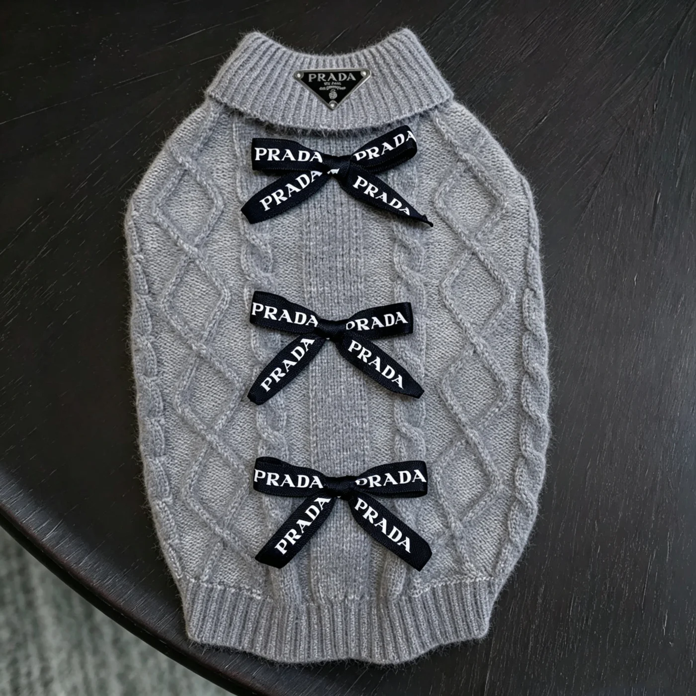 prada dog sweater gray back bows