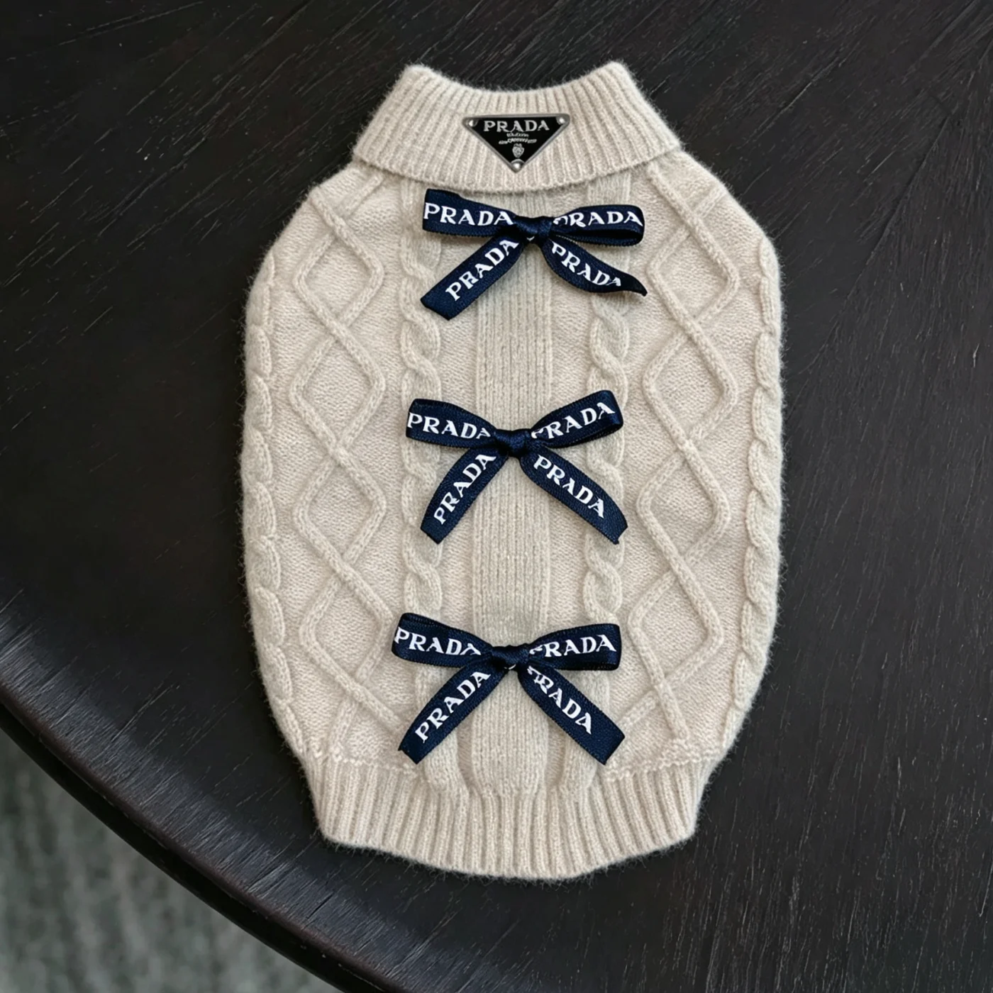 prada dog sweater beige back bows