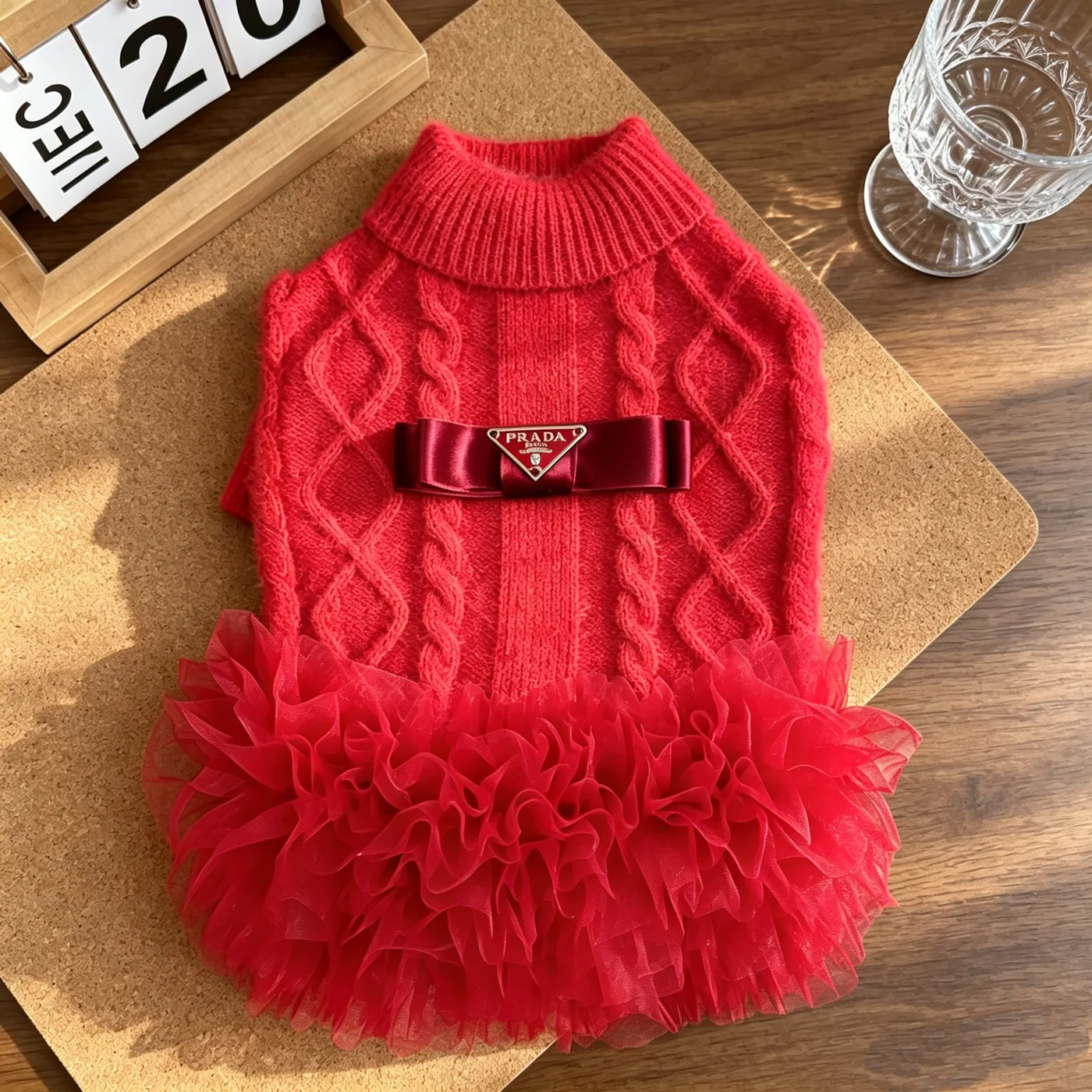 prada dog sweater dress red front view