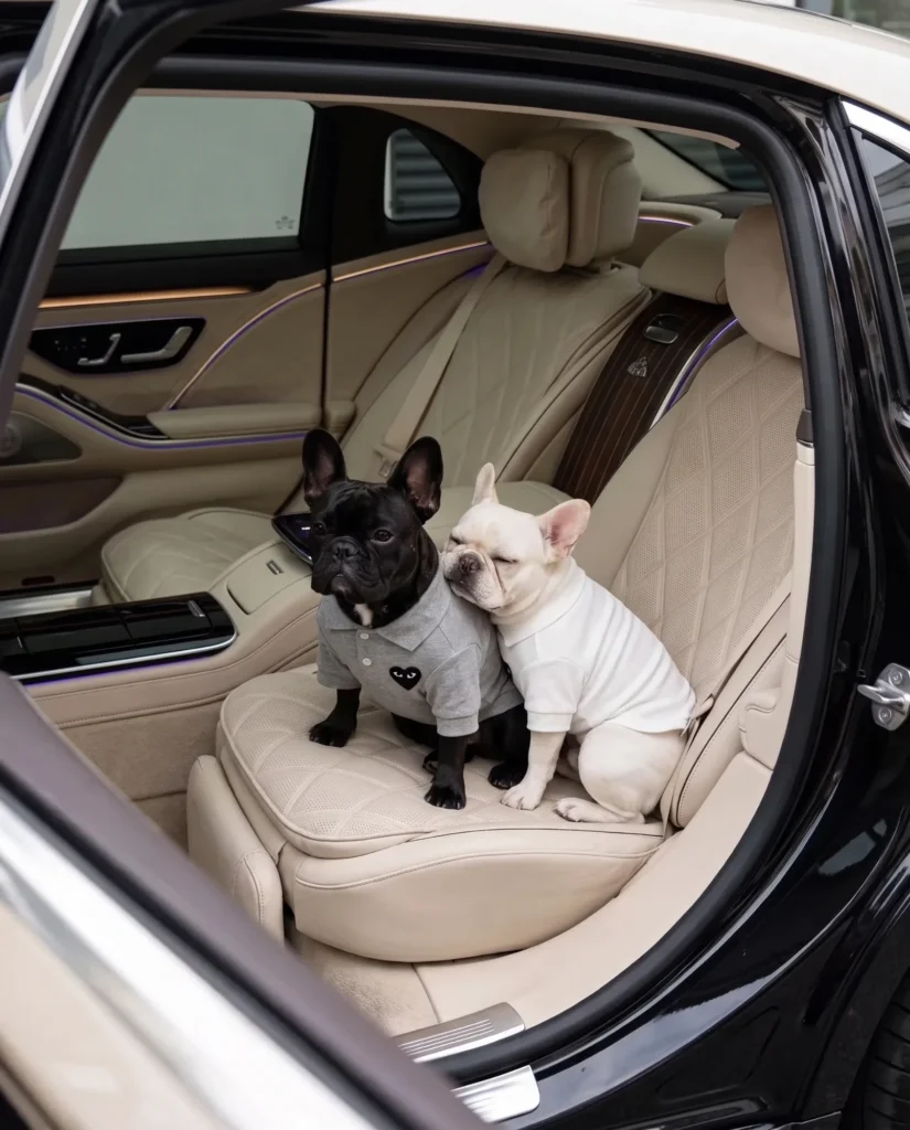 Two French Bulldogs in gray and white Comme des Pawcons heart designer dog polo shirts