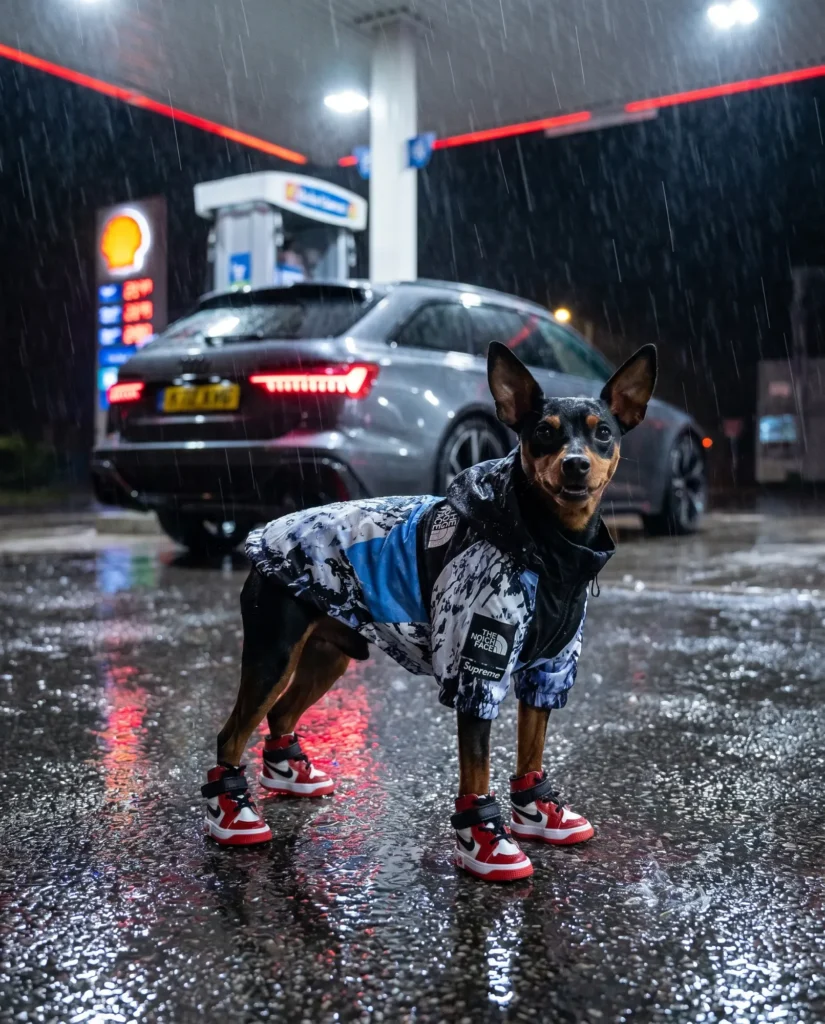 Miniature Pinscher in The Dog Face designer dog windbreaker and red dog sneakers in the rain