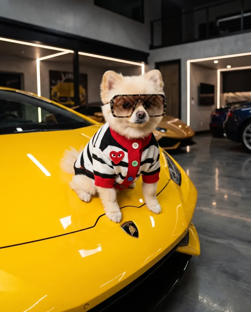 Pomeranian in a striped Comme Des Pawcons designer dog cardigan and Furdi FF sunglasses on a yellow sports car